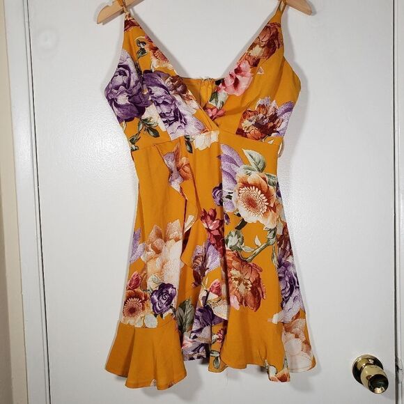 privy Dresses & Skirts - Privy Privately Privileged Mustard Floral Sleeveless V Neck Mini Dress Size L